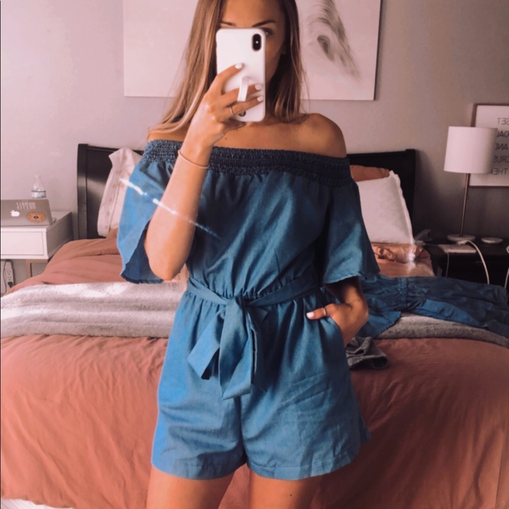LAST ONE! Armora’s Denim Blue Off Shoulder Romper - Picture 2 of 8